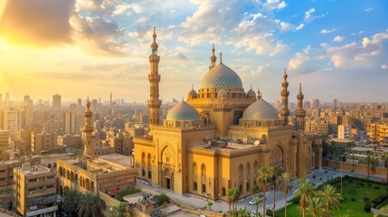 Naklejka premium Aerial View of a Mosque in Cairo, Egypt, with Golden Sunset Sky
