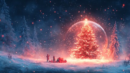 A magical Christmas tree glows inside a giant snow globe, with two figures standing in awe and snow falling around them.