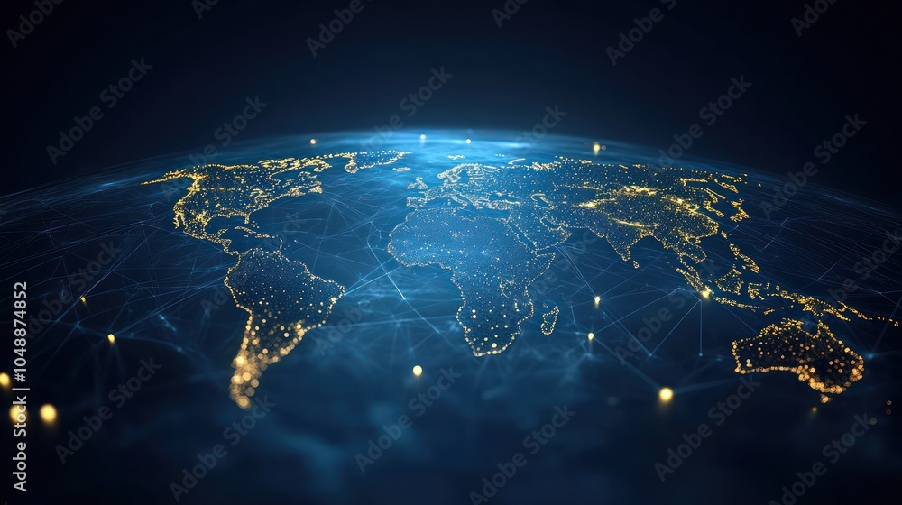Poster a digital representation of earth highlighting interconnected networks and illuminated cities.