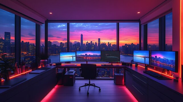 Modern home office with a stunning cityscape view during a vibrant sunrise.  The desk is set up with multiple monitors,  keyboard, mouse, and other accessories. The room is lit with red LED lights.