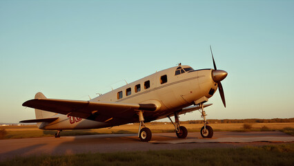 Obraz premium Vintage airplane on the runway illuminated by warm afternoon light
