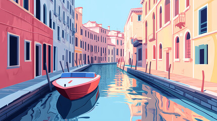 Fototapeta premium A boat along a narrow canal as the building, generative ai. Venetian Canal. Illustration