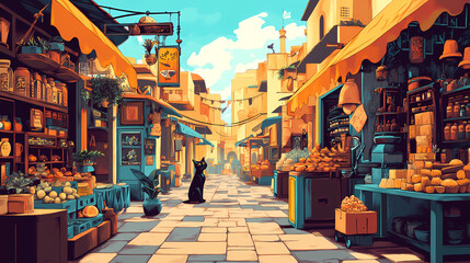 Fototapeta premium A captivating persian cat coffee t-shirt design portraying a lively street market scene in an ancient city, generative ai. Persian Market Scene. Illustration