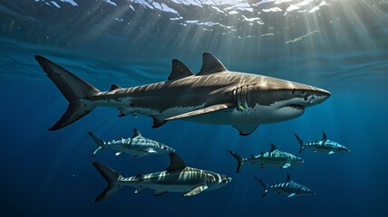 Fototapeta premium shark swimming underwater in clear water for tourism, holiday adventure and travel. Blue, detailed and beautiful scene of wildlife in their habitat for environment and eco system.