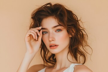 Fototapeta premium Young woman with wavy hair poses elegantly against a warm-toned background in soft lighting