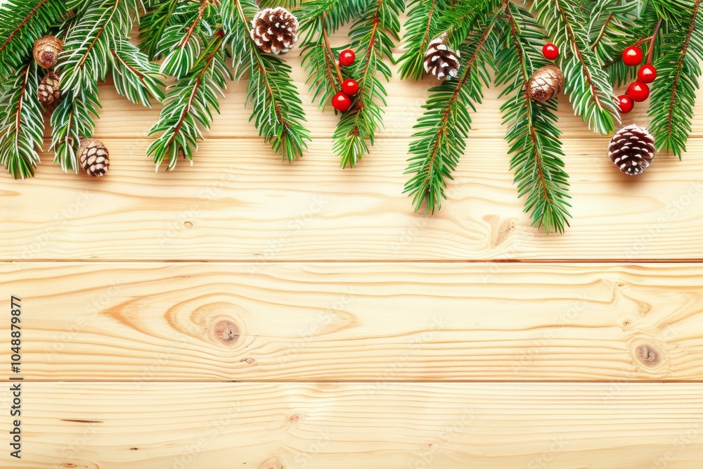 Wall mural festive fir tree branches and pine cones arranged on rustic wooden background for holiday decor