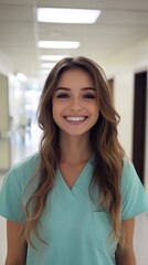 Fototapeta premium A smiling healthcare professional in scrubs stands in a hospital corridor.