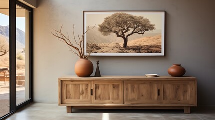 A beautiful farmhouse entryway featuring a wooden cabinet and clay vase, creating a serene, boho atmosphere in a modern home.