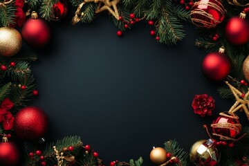 Festive Christmas wreath adorned with red and gold ornaments and pinecones on a wooden door.