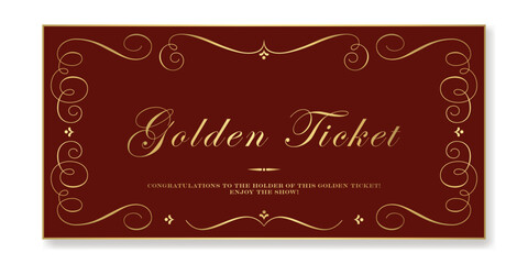 Golden ticket on dark red background. Premium vector ticket template in vintage Victorian style for classic gala events and campaigns. For web and print. 