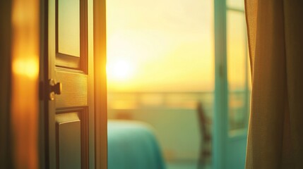 A serene sunrise view through an open door, illuminating a tranquil room.