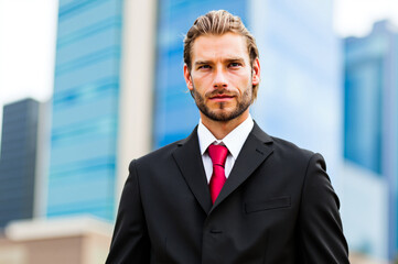 Businessman wearing suit standing near office buildings
