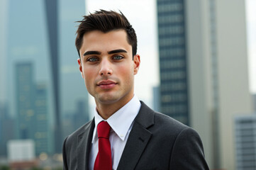 Handsome businessman standing in front of city skyline