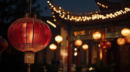 Obraz premium A beautiful Asian pagoda at night, illuminated with lanterns.