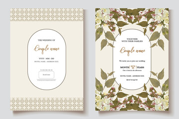 WEDDING INVITATION FRAME WITH FLOWER DECORATIONS AND FRESH LEAVES