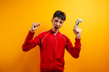 Euphoric teenager celebrating victory playing video games.