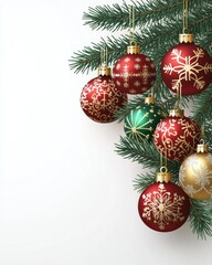 Elegant Christmas Tree Ornaments: Red and Gold Baubles with Snowflake Patterns, Festive Greenery, Holiday Decor, Seasonal Celebration, Merry Christmas Ambiance