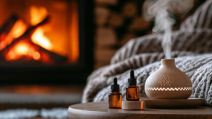 Bottles of aromatherapy essential oil and an aromatherapy diffuser next to a cozy fireplace