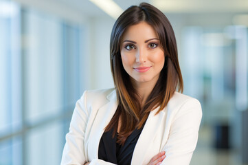 Fototapeta premium Confident businesswoman smiling with arms crossed in office building