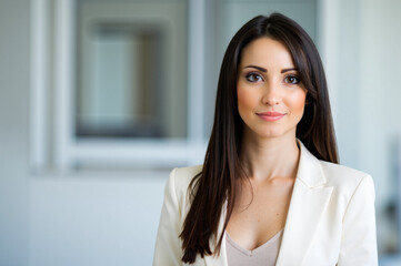 Confident businesswoman smiling in office building hallway