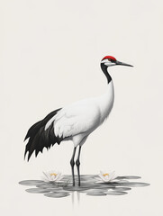 Fototapeta premium Elegant Crane with Lotus Flowers in Ink Painting