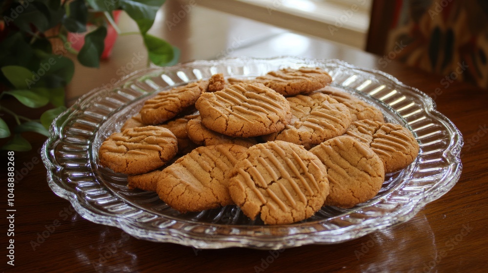 Poster a close-up shot of a plate of freshly baked peanut butter cookies. the cookies are arranged in a ran