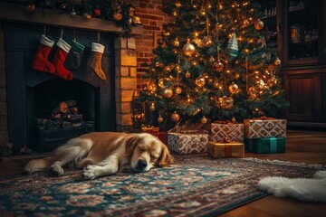 A cozy scene of a dog sleeping on a rug near a decorated Christmas tree, fireplace, and stockings, capturing holiday warmth and peace.
