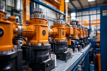 Fototapeta premium Modern workshop with orange and black machines in a busy factory. Generative AI