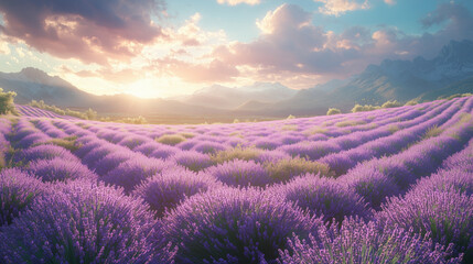 Obraz premium Sunlit lavender fields stretching into the horizon: Endless rows of lavender stretch across a rolling landscape under a bright blue sky. The sunlight bathes the fields in a soft pu