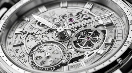 This captivating top view image reveals the inner workings of a watch, showcasing a complex arrangement of intricate silver cogs within the watch face. Generative AI