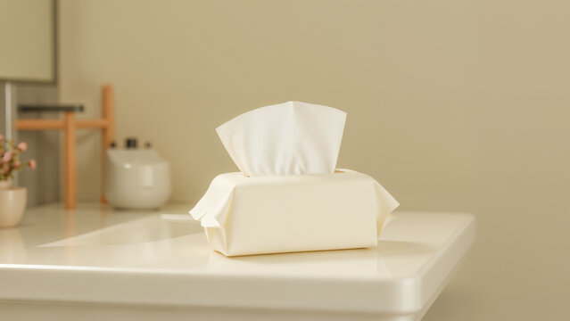 A Serene and Tidy Bathroom with a Package of Tissues Artistically Placed on the Countertop Surrounded by Soft Colors