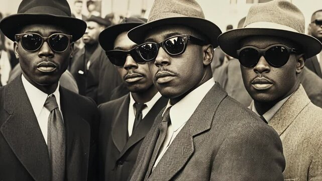 Four men wearing suits, hats, and sunglasses stand in a crowd