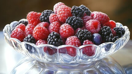 A Glass Bowl Filled with Raspberries and Blackberries