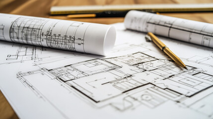 This image showcases a meticulously arranged collection of building plans, encompassing a variety of architectural drawings. Generative AI