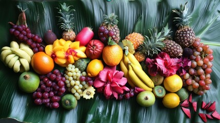 Tropical Fruits and Flowers Arrangement on a Green Leaf