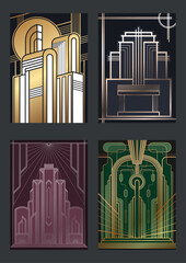 Obraz premium Streamline Moderne Posters Template Set. 1930s Style Decorative Ornamental Backgrounds for Retro Posters, Covers, Illustrations. Art Deco Colors, Gradients, Shapes