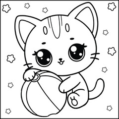 Fototapeta premium Cute Cat Kawaii Coloring Pages Bold and Easy Cute Kawaii Cat Plying With Ball Coloring Pages, Animal Coloring Pages