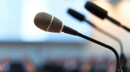 Microphone close-up, representing press conferences, speeches, and important news