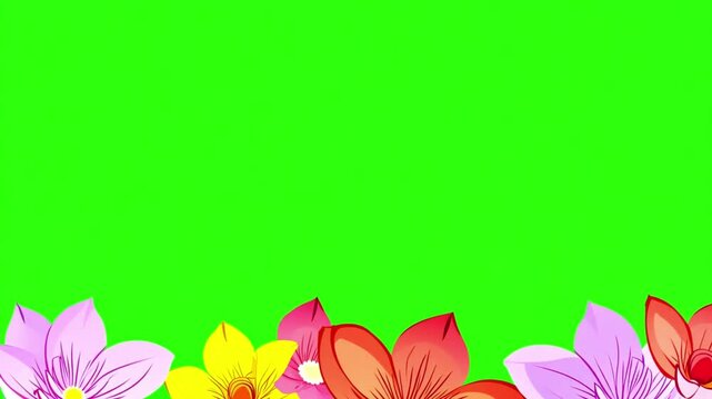 Colorful spring flowers on green screen. orange pink daisies. Floral frame animation on green screen. Floral frame animation with key color. Women's day, Valentine's Day, and Wedding day frame. Illust