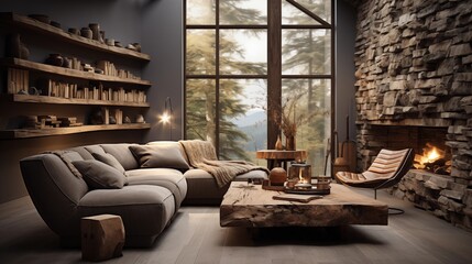 A cozy loft living room with a rustic lounge chair and stump side table, embodying nomadic design elements.