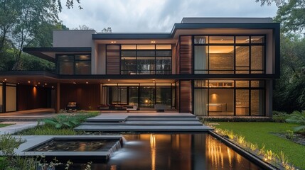 Obraz premium Modern Two-Story House with Reflecting Pool and Waterfall