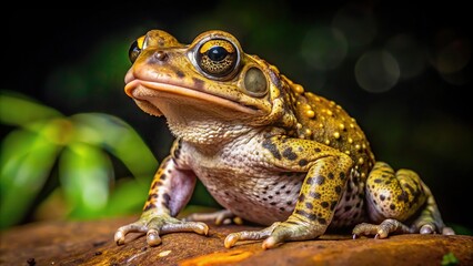 Fototapeta premium Unique perspective of a hammer toad in the Brazilian Atlantic Forest at night
