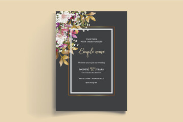 WEDDING INVITATION FRAME WITH FLOWER DECORATIONS AND FRESH LEAVES