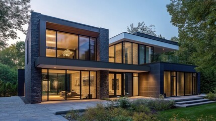 Modern House with Large Windows and Stone Exterior at Dusk