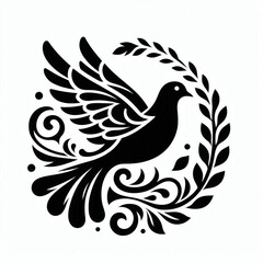 Dove of peace. Dove. Symbol of peace. Black silhouette. Sticker, label, logo, poster, card. Stylized illustration of black silhouette of a flying dove illustration isolated on white background.