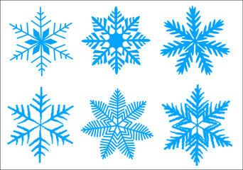 A variety of blue snowflake designs displayed on a clean white background, showcasing distinct patterns and shapes. Vector illustration