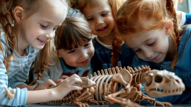 Engaged children explore animal skeleton models, fostering curiosity and joy in learning anatomy through exciting educational exploration.