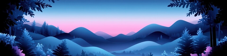 Obraz premium Stunning Pink and Blue Mountain Landscape at Dusk with Silhouetted Trees and Soft Gradient Sky Creating a Serene Atmosphere in Nature for Wallpaper and Design