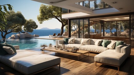 Fototapeta premium A luxurious living room in a villa with a stunning sea view, featuring a terrace and expansive floor-to-ceiling windows for breathtaking vistas.