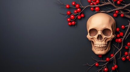 Skull with branches and red berries on a dark background.